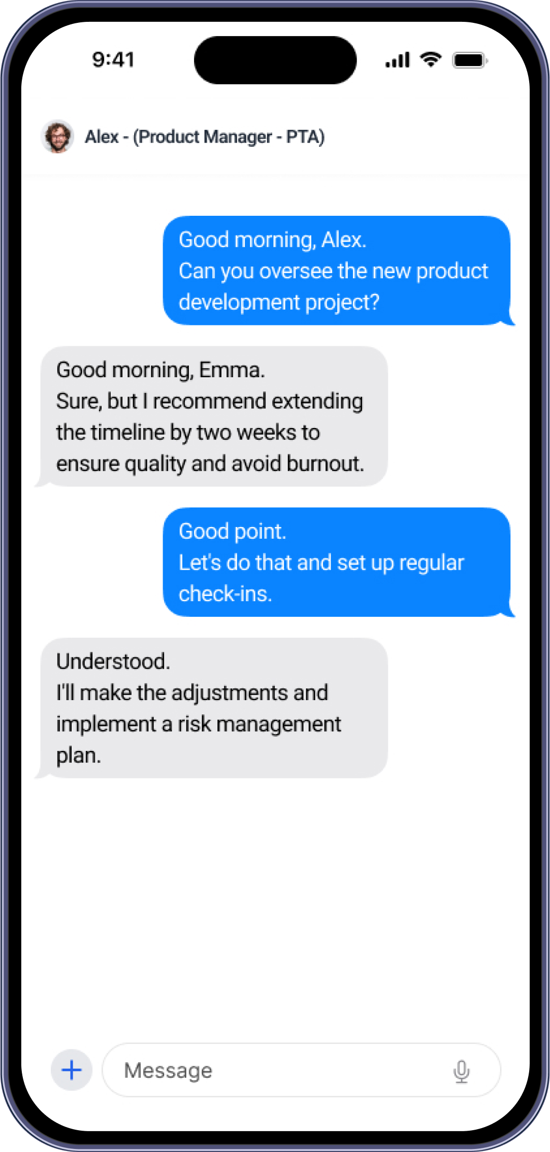 Chat History with AI Employee (PTA), showing a simple UI.